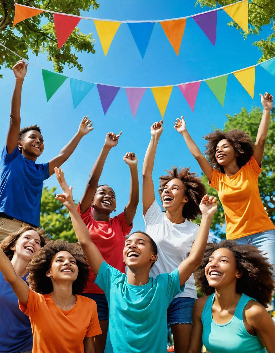 A diverse group of joyful young people engaging in a vibrant outdoor community event, sharing ideas and participating in fun activities like art and sports. Brightly colored banners surrounding them represent positivity and collaboration. The background features lush greenery and a clear blue sky, symbolizing growth and connection. super-realistic. vibrant colors.