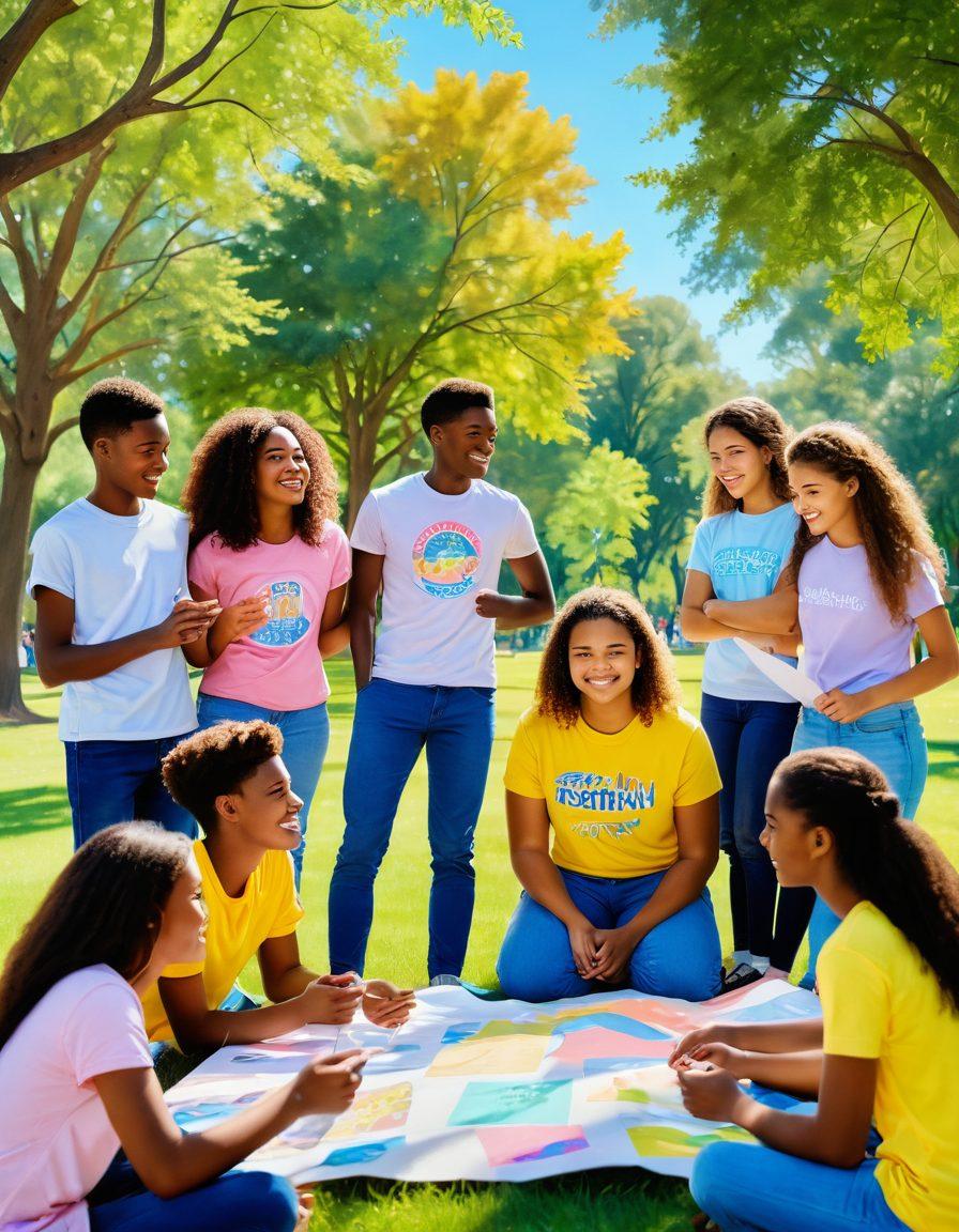 An inviting scene of diverse teenagers gathered in a sunny park, engaging in various supportive activities like teamwork, art creation, and open conversations. Bright banners promoting positivity in the background, with trees and nature enhancing the lively atmosphere. Joyful expressions on their faces, representing empowerment and connection. Soft pastel colors to evoke warmth and safety. super-realistic. vibrant colors.