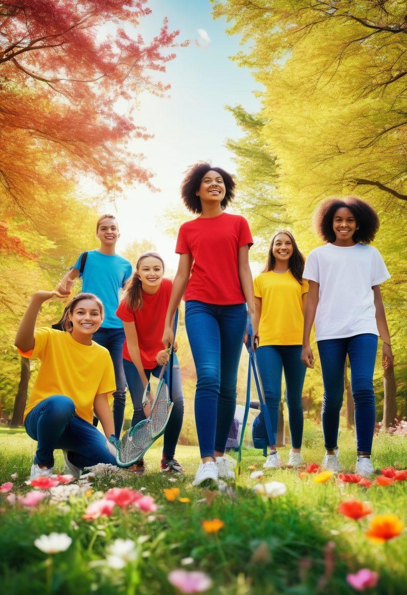 A diverse group of energetic teenagers actively participating in a community project, showcasing teamwork and enthusiasm. The setting features a vibrant park with blooming flowers and banners of youth organizations. Include elements of creativity, like art supplies and sports equipment, symbolizing engagement and empowerment. The mood is uplifting and hopeful, reflecting positive interactions. surreal style. vibrant colors. high contrast.